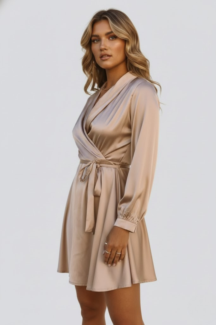 Avena | Women’s Mini Dress - V-Neck Wrap Waist, Satin Elegant Party Dress