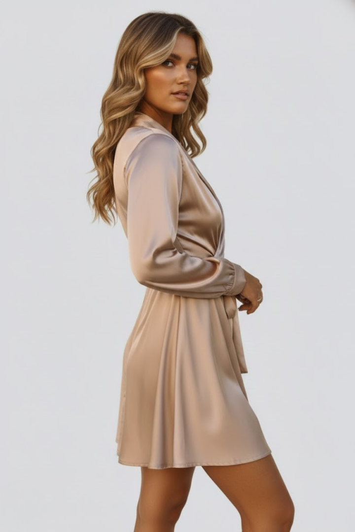 Avena | Women’s Mini Dress - V-Neck Wrap Waist, Satin Elegant Party Dress