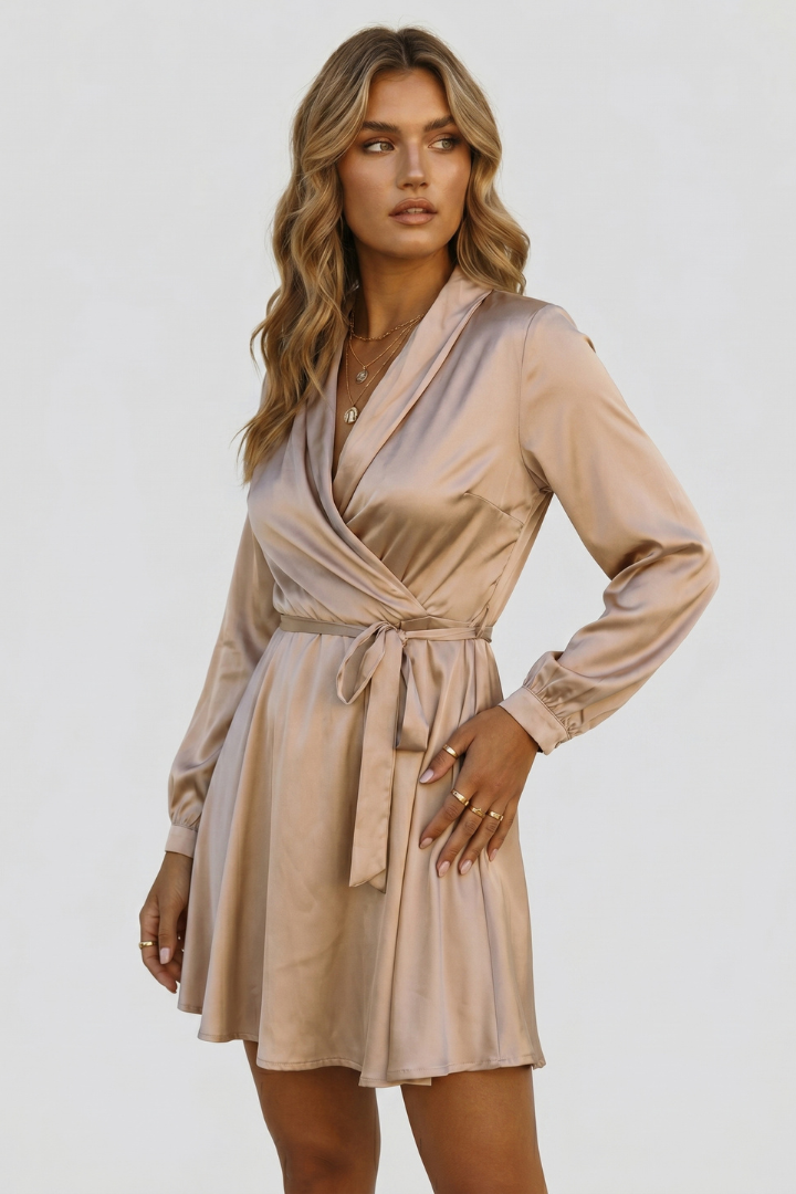 Avena | Women’s Mini Dress - V-Neck Wrap Waist, Satin Elegant Party Dress