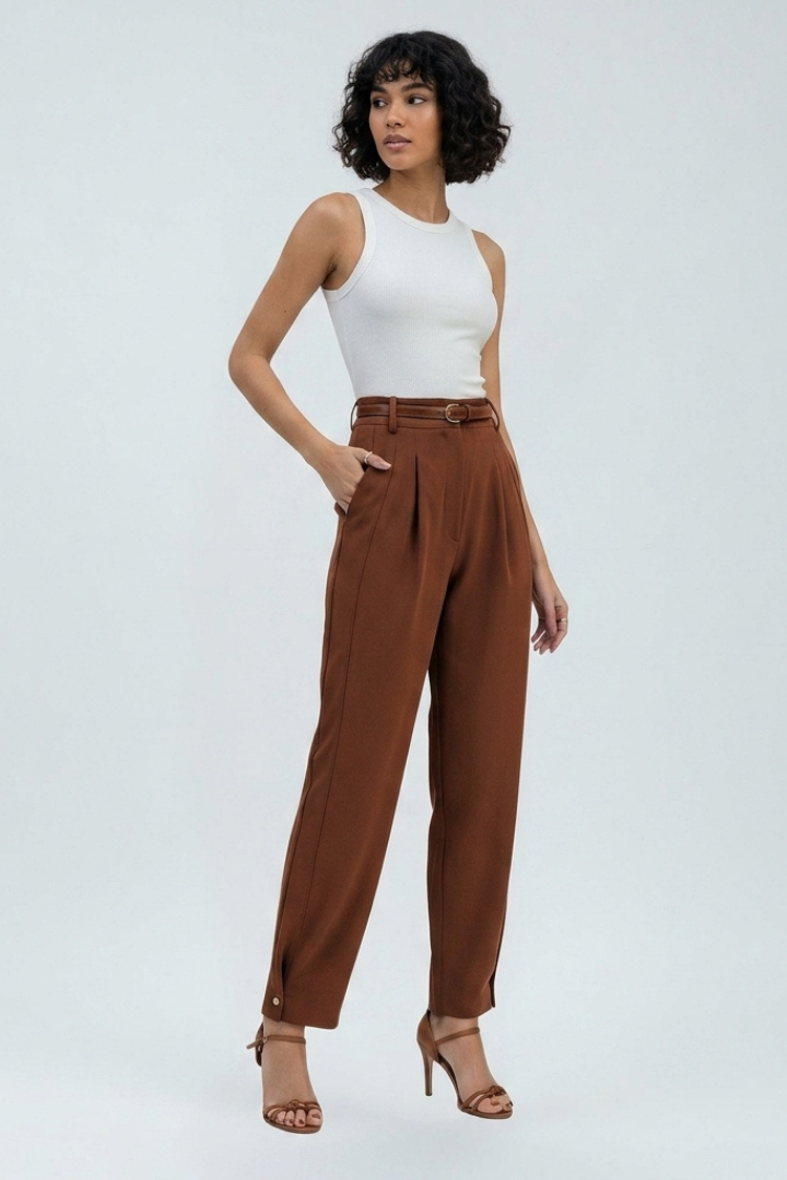 Avenelle | Women’s High Waist Tapered Pants – Belted Pleated Dress Pants, Structured Fit