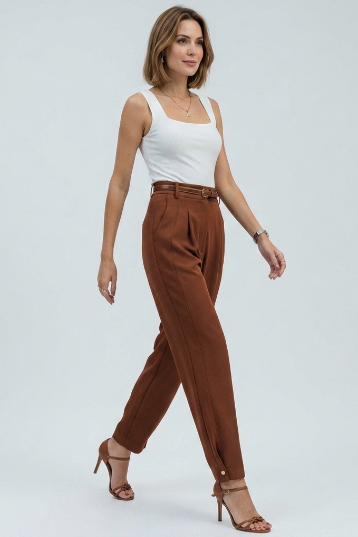 Avenelle | Women’s High Waist Tapered Pants – Belted Pleated Dress Pants, Structured Fit