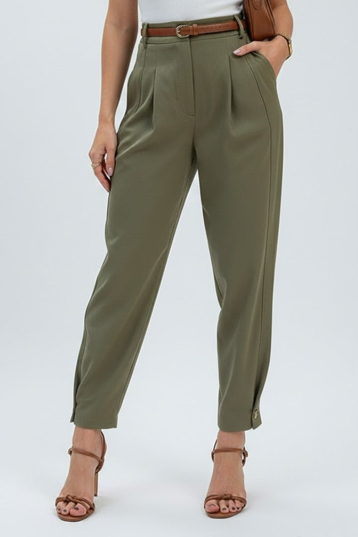 Avenelle | Women’s High Waist Tapered Pants – Belted Pleated Dress Pants, Structured Fit