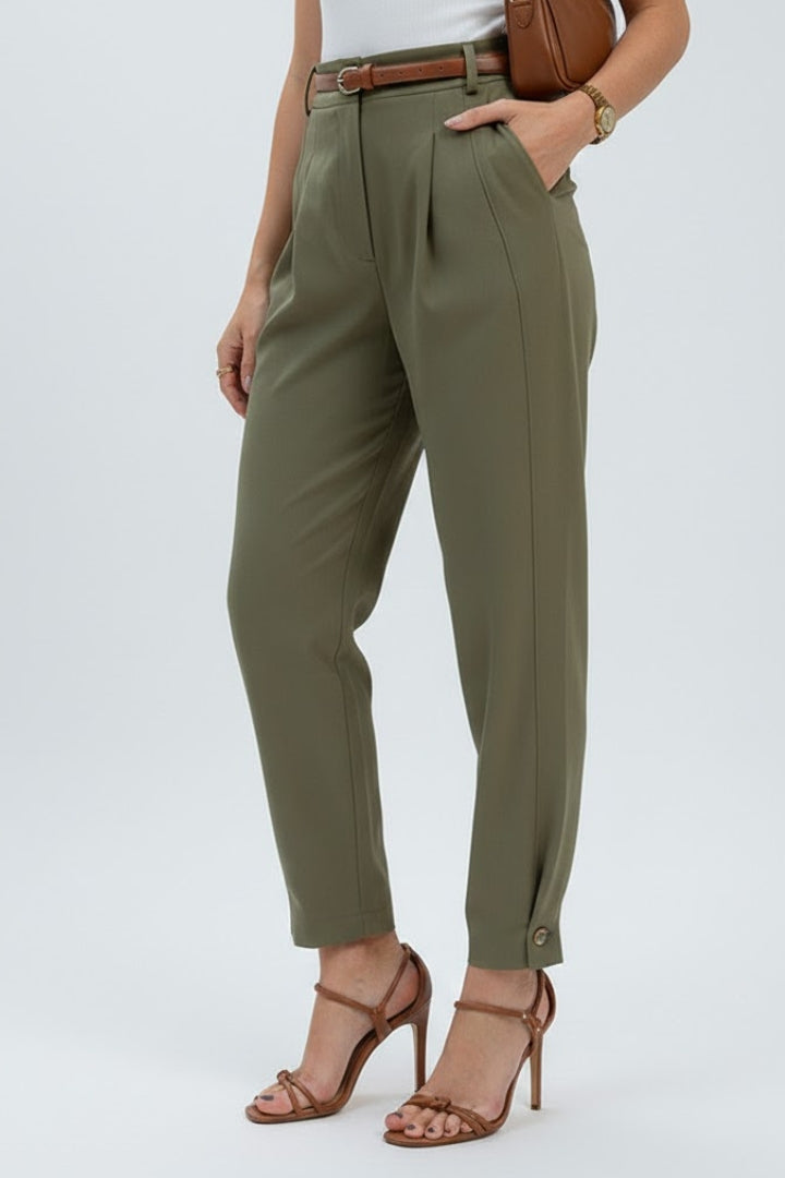 Avenelle | Women’s High Waist Tapered Pants – Belted Pleated Dress Pants, Structured Fit