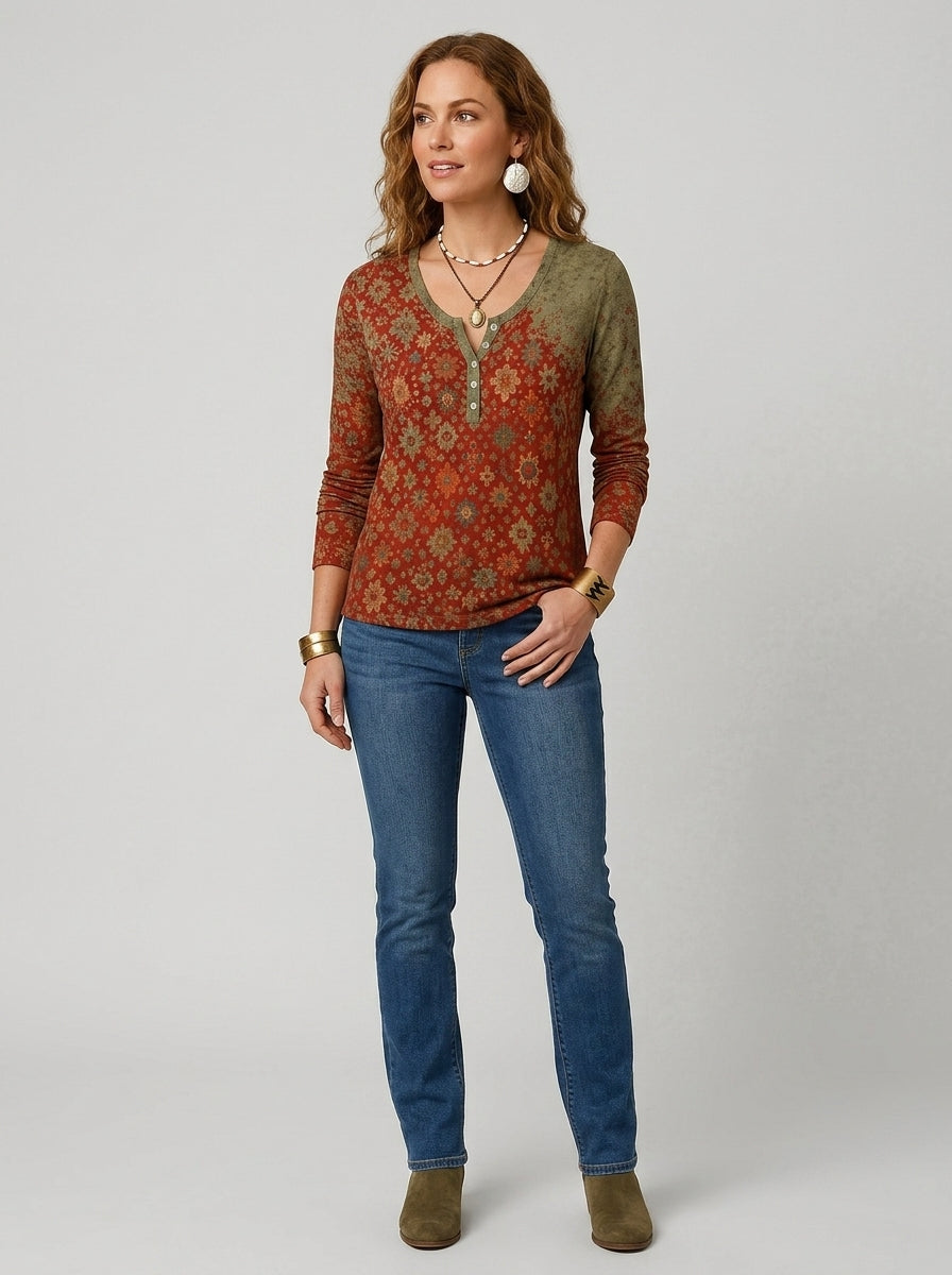 Averie | Women's Lightweight Boho Blouse - Floral Print Long Sleeve Casual Top