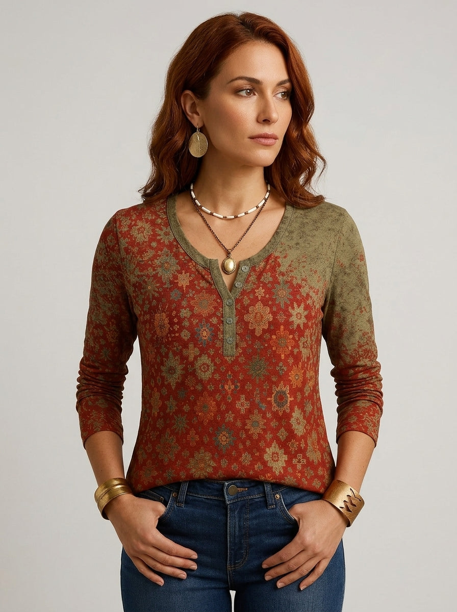 Averie | Women's Lightweight Boho Blouse - Floral Print Long Sleeve Casual Top