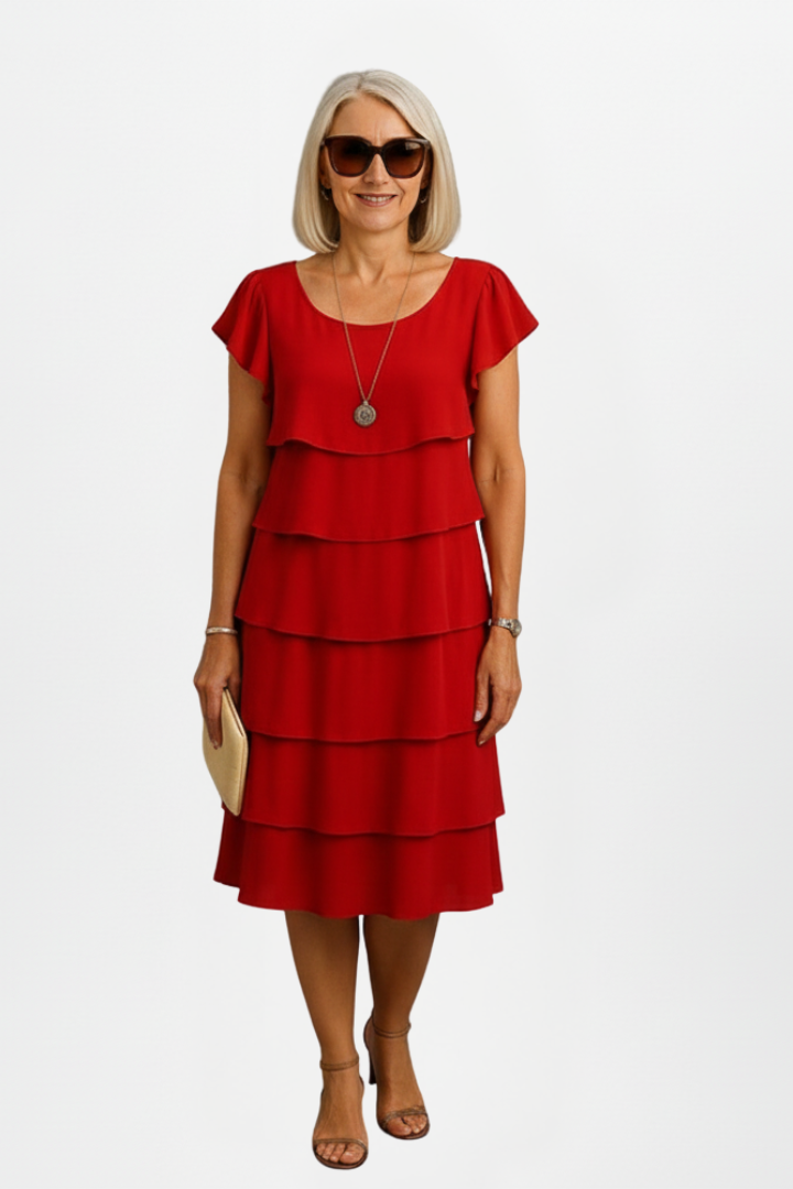 Avery | Women's Tiered Knee-Length Dress - Short Sleeve Round Neck Casual Dress