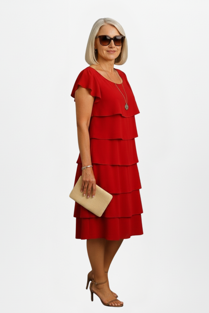 Avery | Women's Tiered Knee-Length Dress - Short Sleeve Round Neck Casual Dress