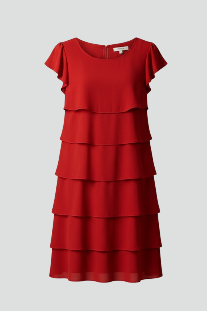 Avery | Women's Tiered Knee-Length Dress - Short Sleeve Round Neck Casual Dress