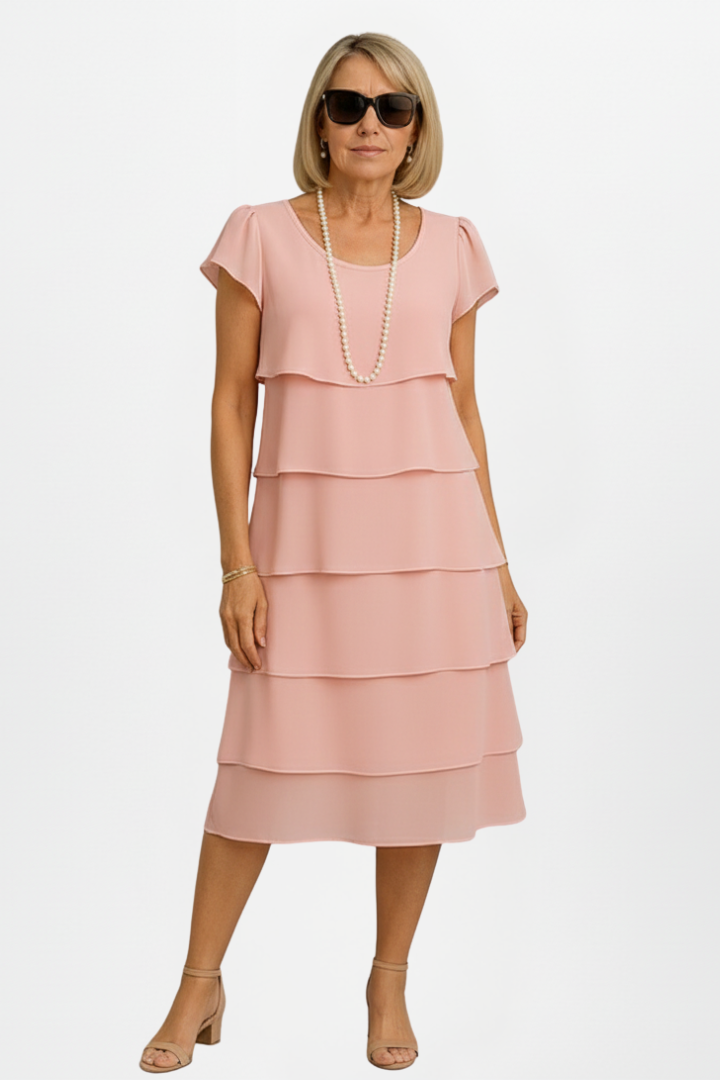 Avery | Women's Tiered Knee-Length Dress - Short Sleeve Round Neck Casual Dress