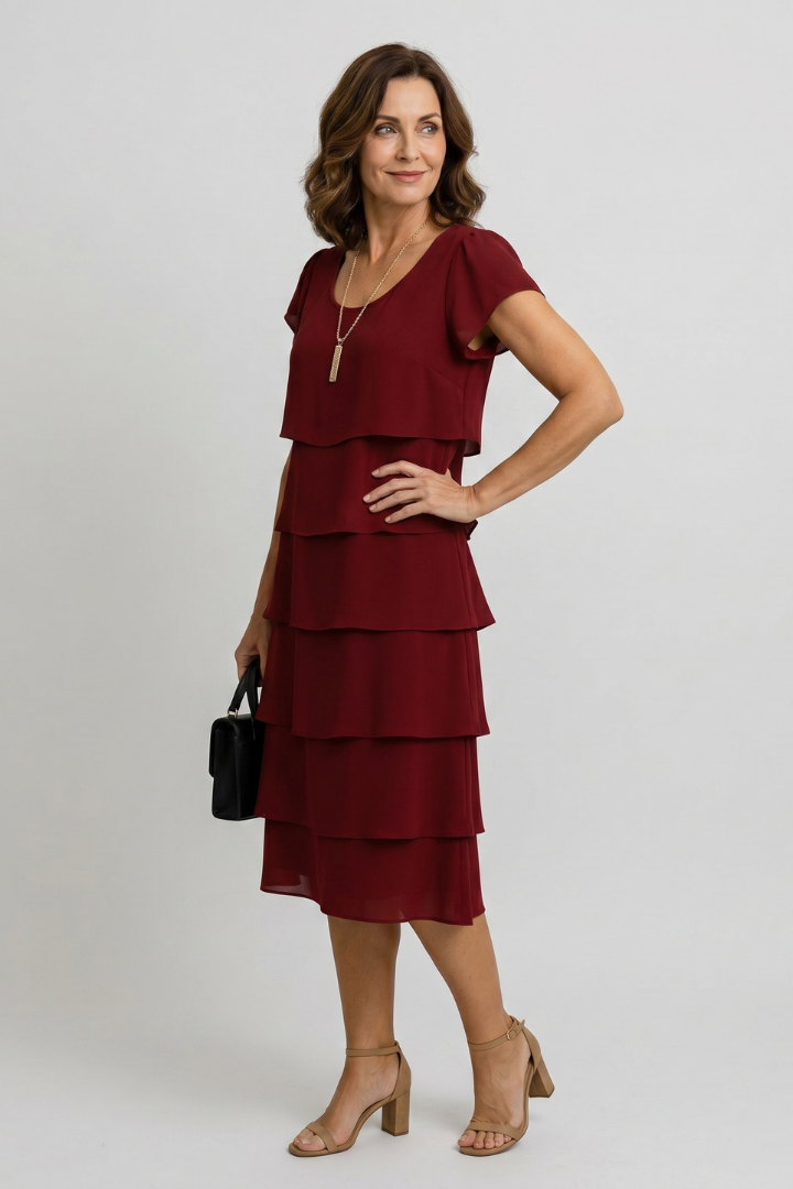 Avery | Women's Tiered Knee-Length Dress - Short Sleeve Round Neck Casual Dress