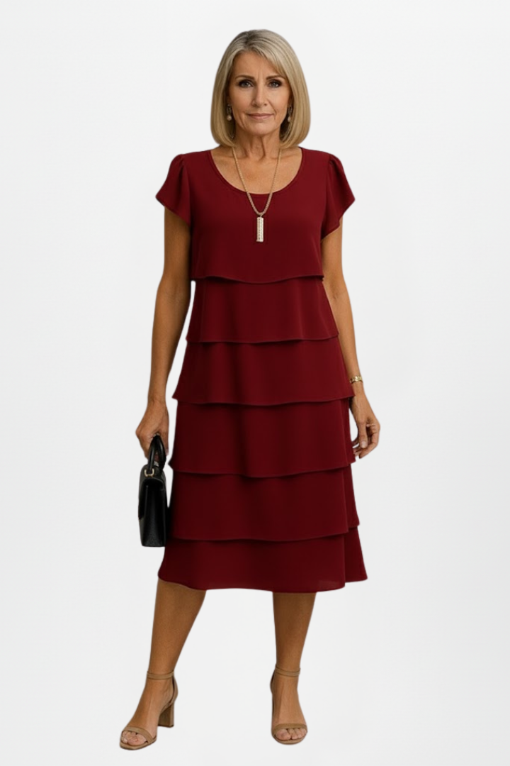 Avery | Women's Tiered Knee-Length Dress - Short Sleeve Round Neck Casual Dress