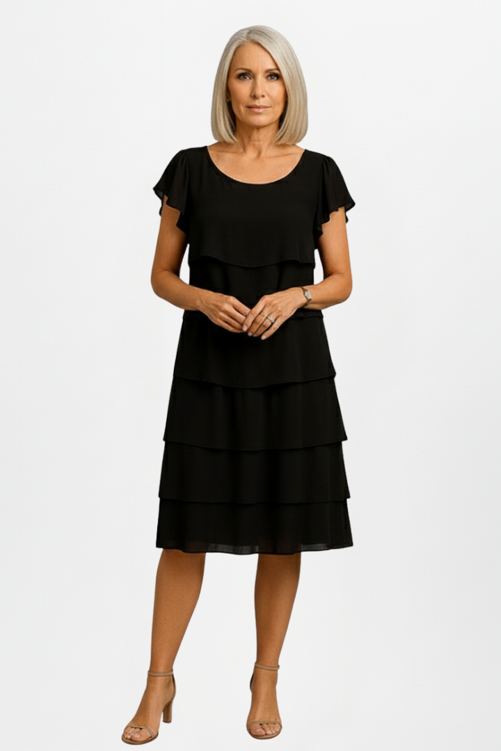 Avery | Women's Tiered Knee-Length Dress - Short Sleeve Round Neck Casual Dress