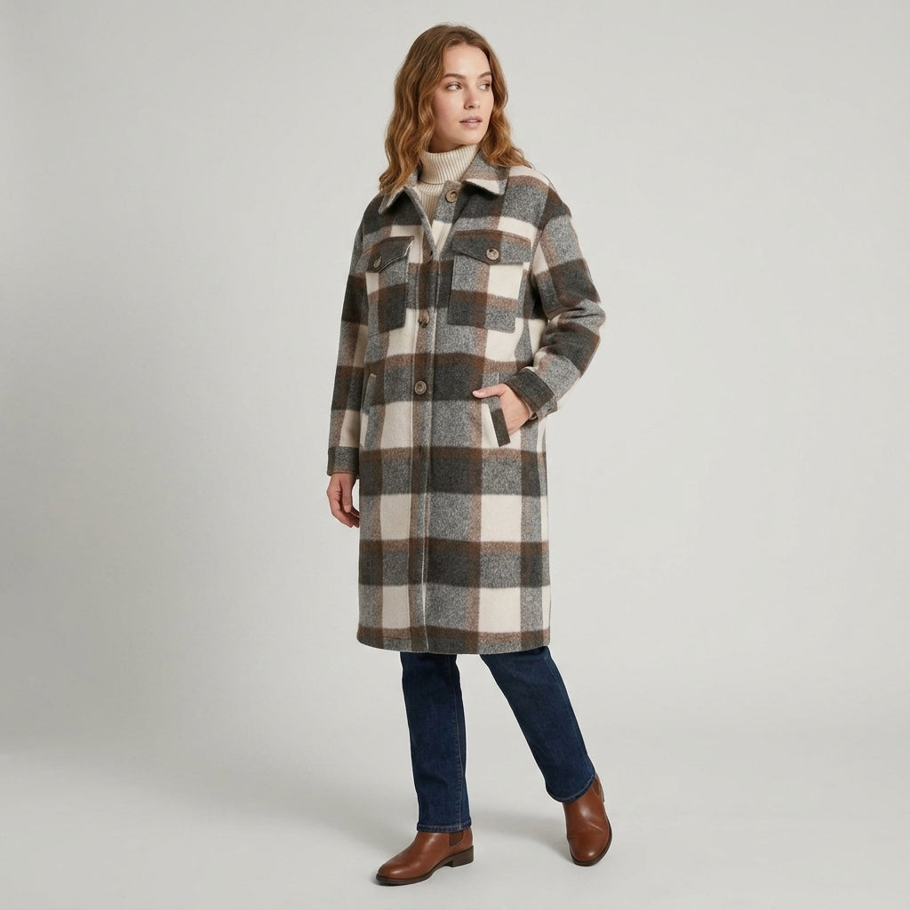 Avielle | Women’s Long Coat – Button Front, Checked Pattern