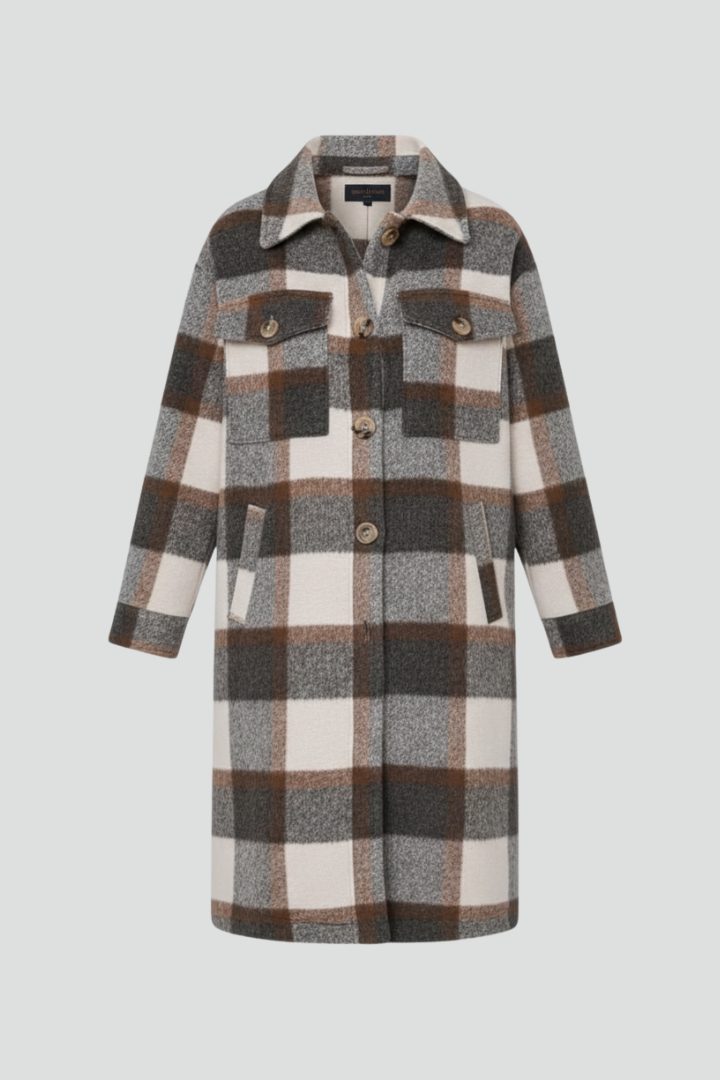 Avielle | Women’s Long Coat – Button Front, Checked Pattern