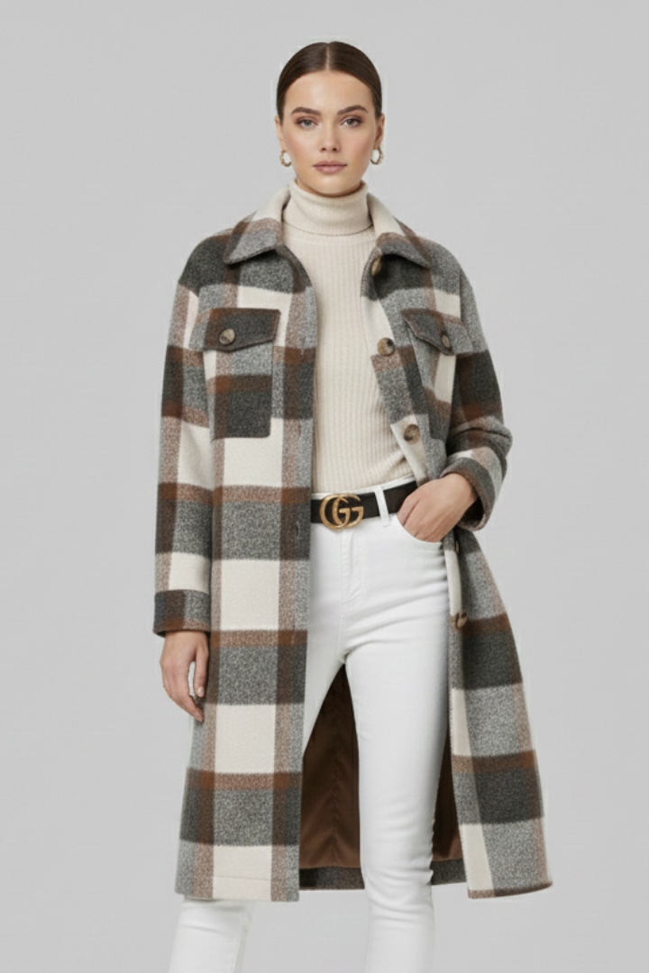 Avielle | Women’s Long Coat – Button Front, Checked Pattern