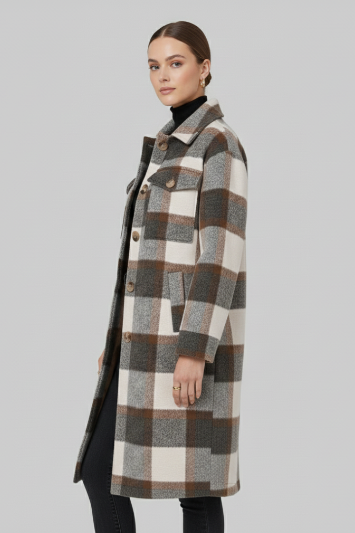 Avielle | Women’s Long Coat – Button Front, Checked Pattern