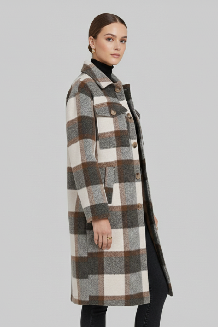Avielle | Women’s Long Coat – Button Front, Checked Pattern