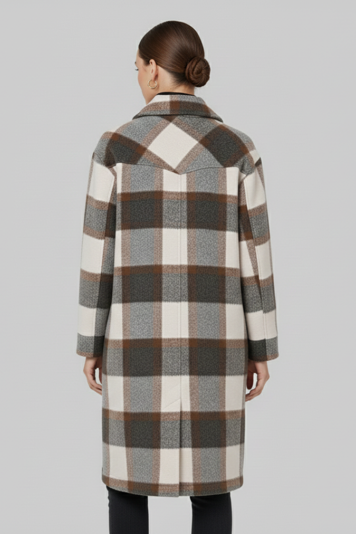Avielle | Women’s Long Coat – Button Front, Checked Pattern