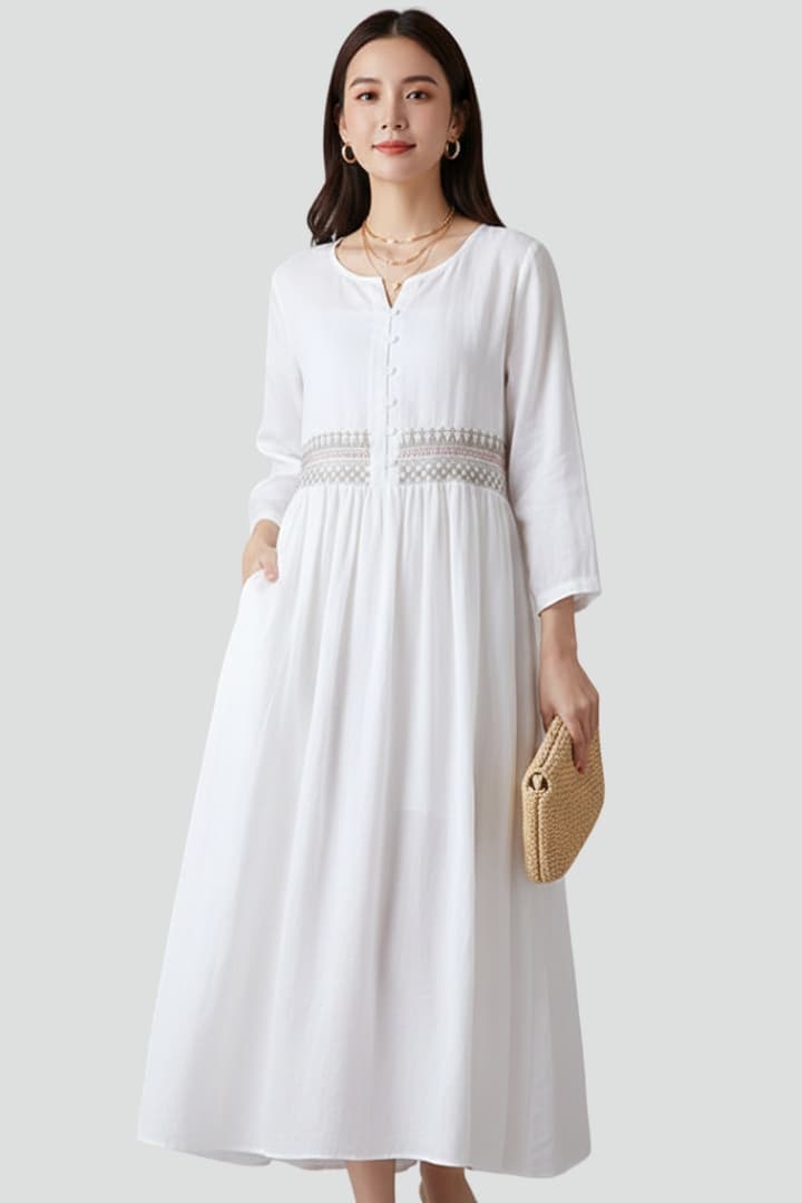 Ayla | Women’s Embroidered Boho Midi Dress – Linen Blend Relaxed Fit Flutter Sleeve Summer Dress