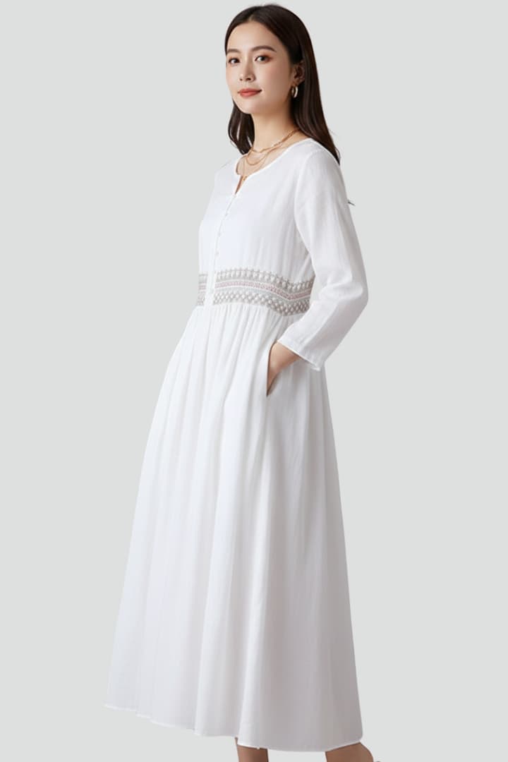 Ayla | Women’s Embroidered Boho Midi Dress – Linen Blend Relaxed Fit Flutter Sleeve Summer Dress