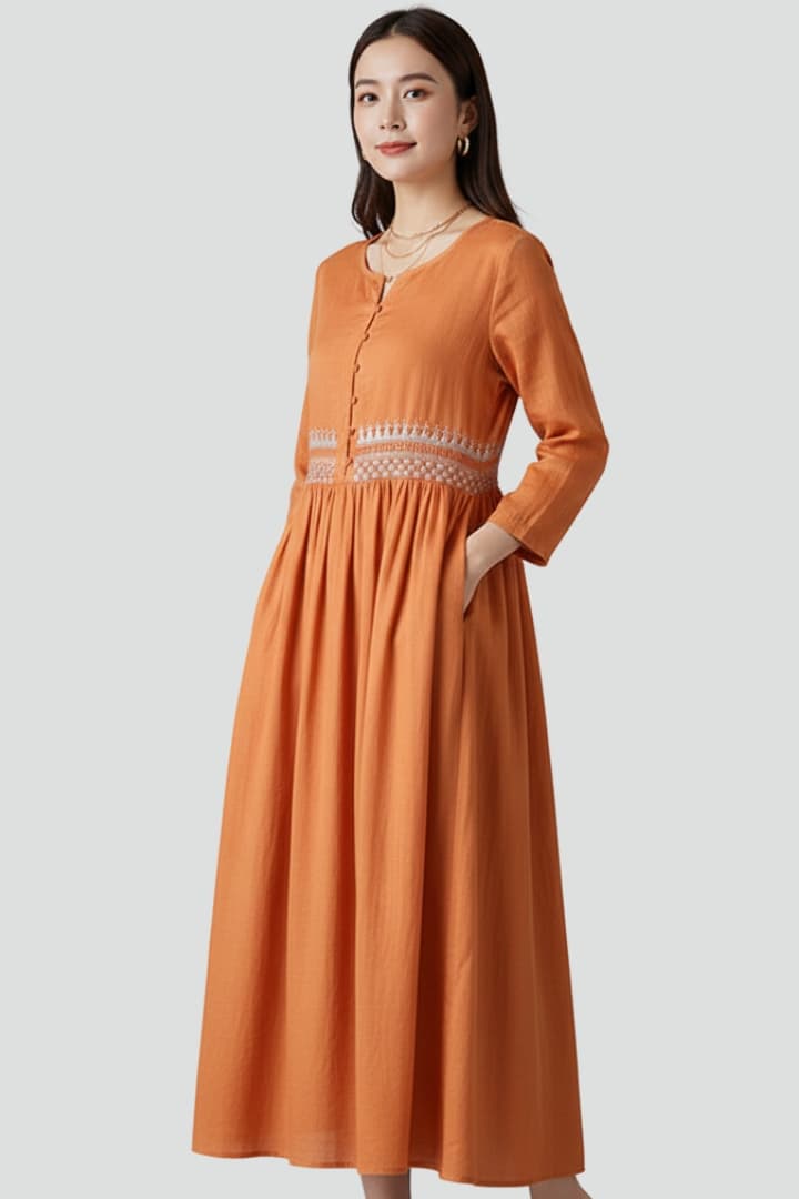 Ayla | Women’s Embroidered Boho Midi Dress – Linen Blend Relaxed Fit Flutter Sleeve Summer Dress