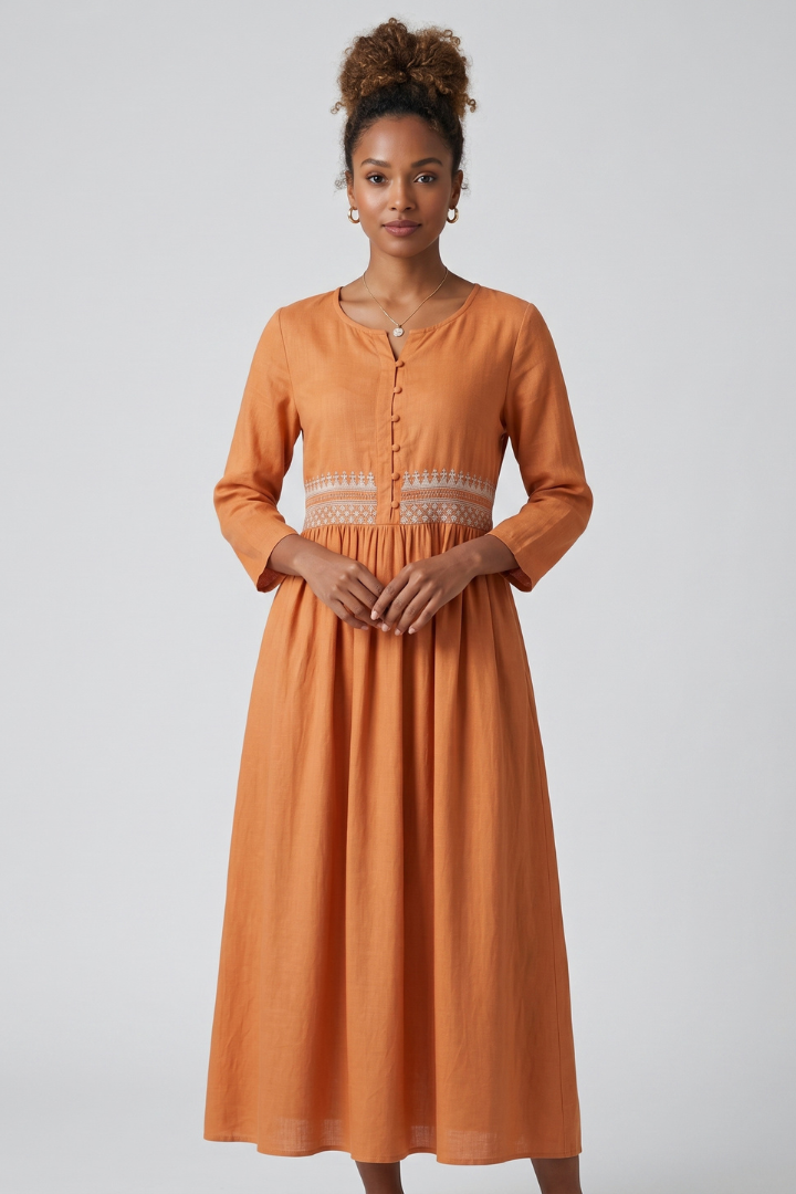 Ayla | Women’s Embroidered Boho Midi Dress – Linen Blend Relaxed Fit Flutter Sleeve Summer Dress