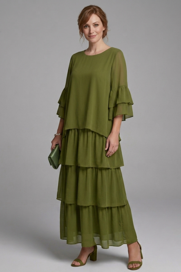 Azalea | Women's Long Maxi Dress – Round Neck Loose Fit Short Sleeve Tiered Casual Dress