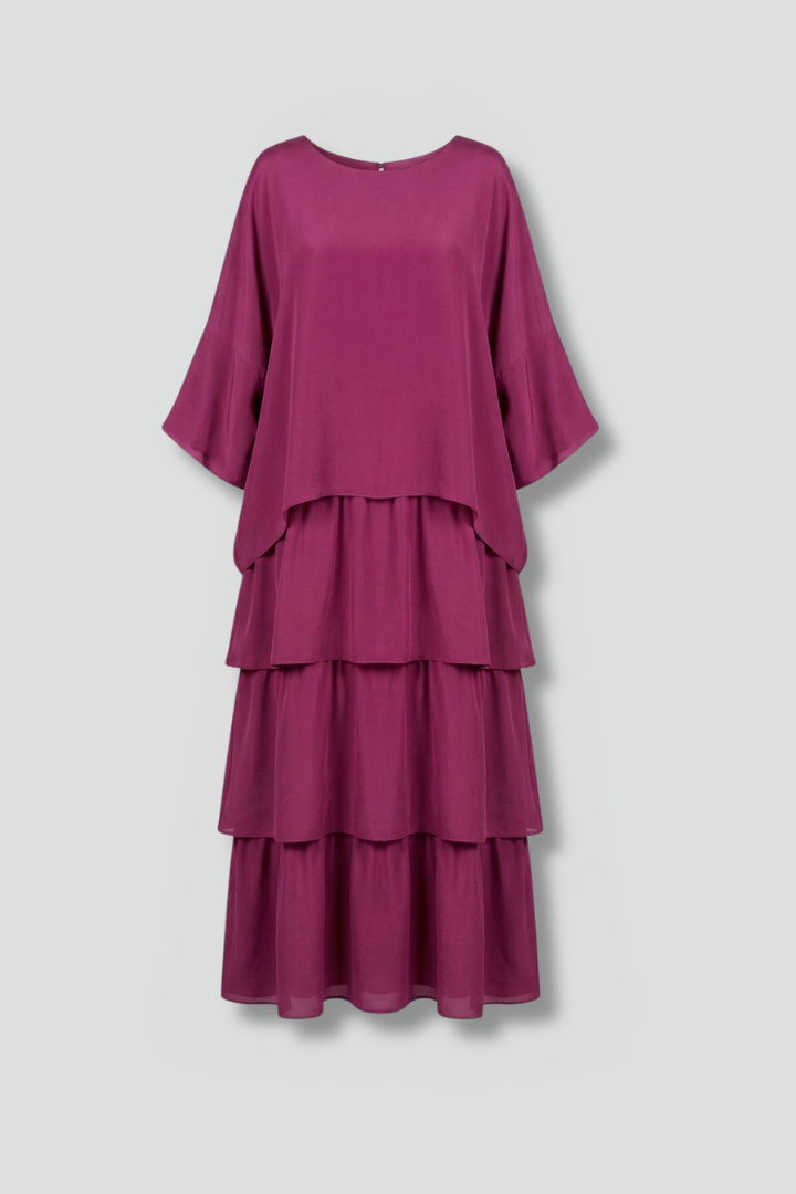 Azalea | Women's Long Maxi Dress – Round Neck Loose Fit Short Sleeve Tiered Casual Dress
