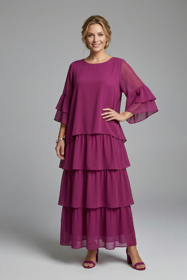 Azalea | Women's Long Maxi Dress – Round Neck Loose Fit Short Sleeve Tiered Casual Dress