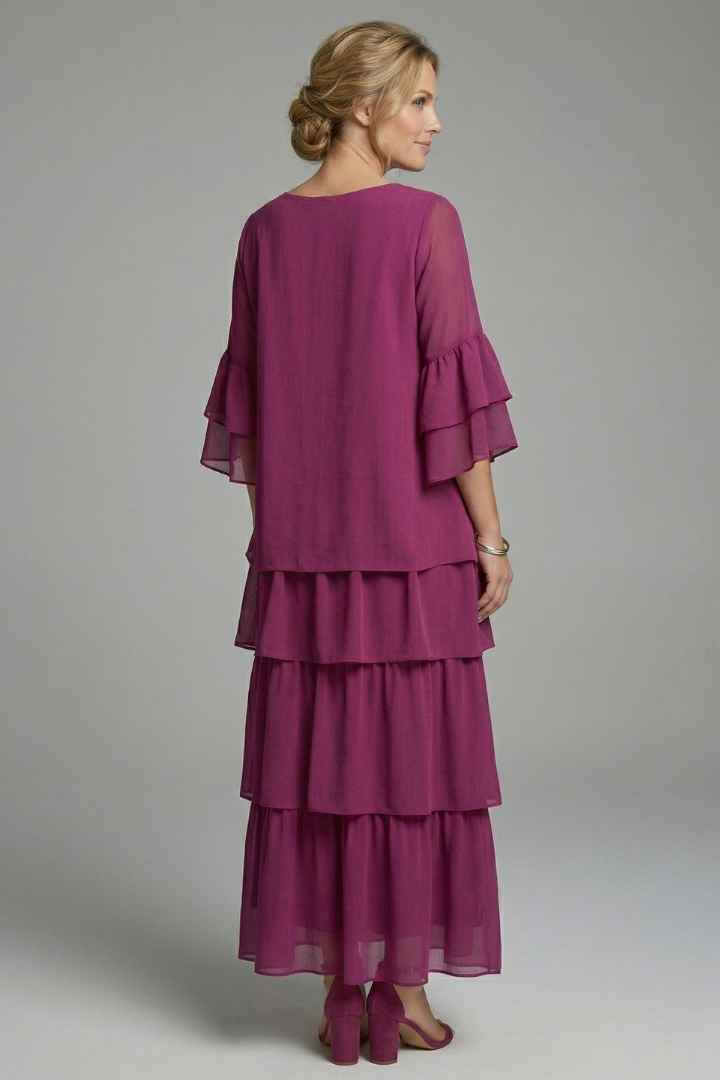 Azalea | Women's Long Maxi Dress – Round Neck Loose Fit Short Sleeve Tiered Casual Dress