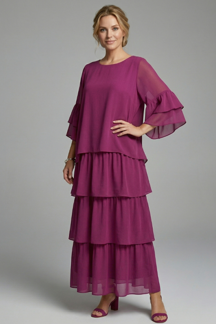 Azalea | Women's Long Maxi Dress – Round Neck Loose Fit Short Sleeve Tiered Casual Dress