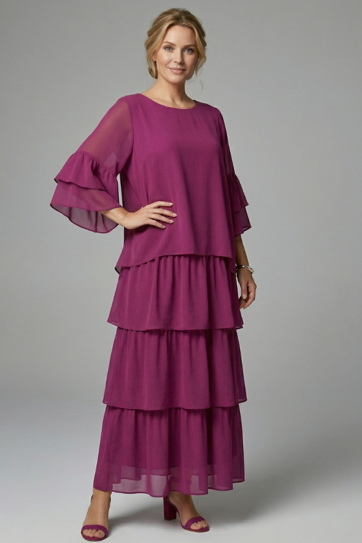 Azalea | Women's Long Maxi Dress – Round Neck Loose Fit Short Sleeve Tiered Casual Dress