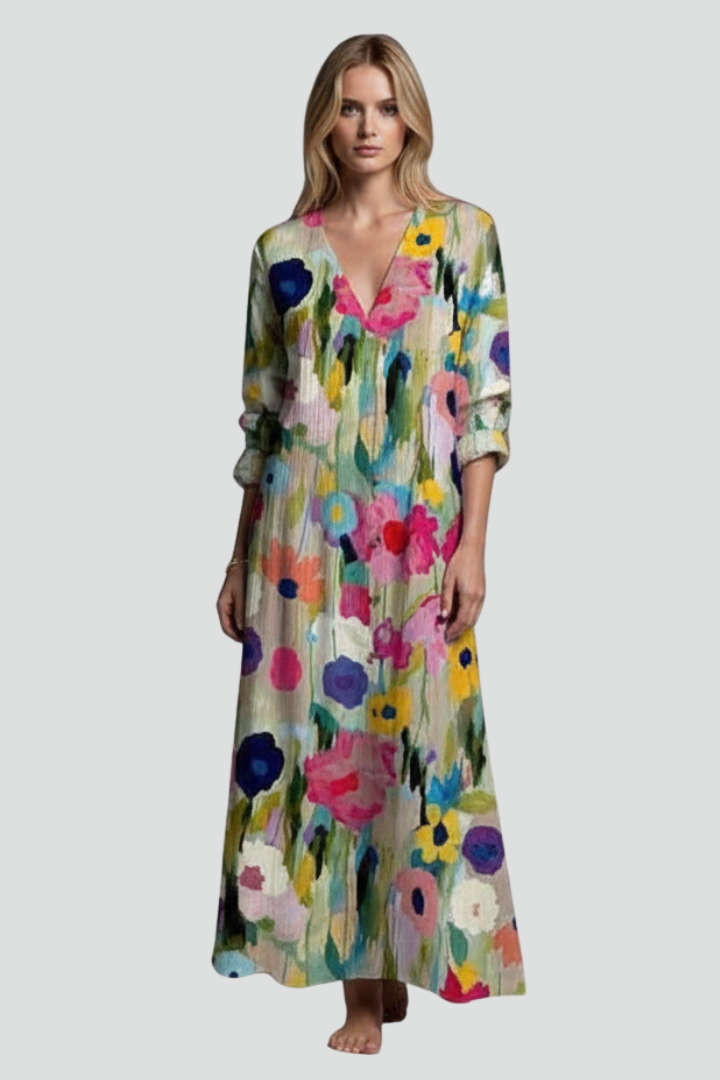 Azia | Women’s Floral Maxi Dress – V-Neck Long Sleeve Flowy Boho Maxi Dress