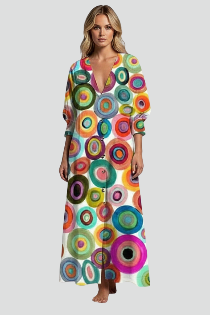 Azia | Women’s Floral Maxi Dress – V-Neck Long Sleeve Flowy Boho Maxi Dress