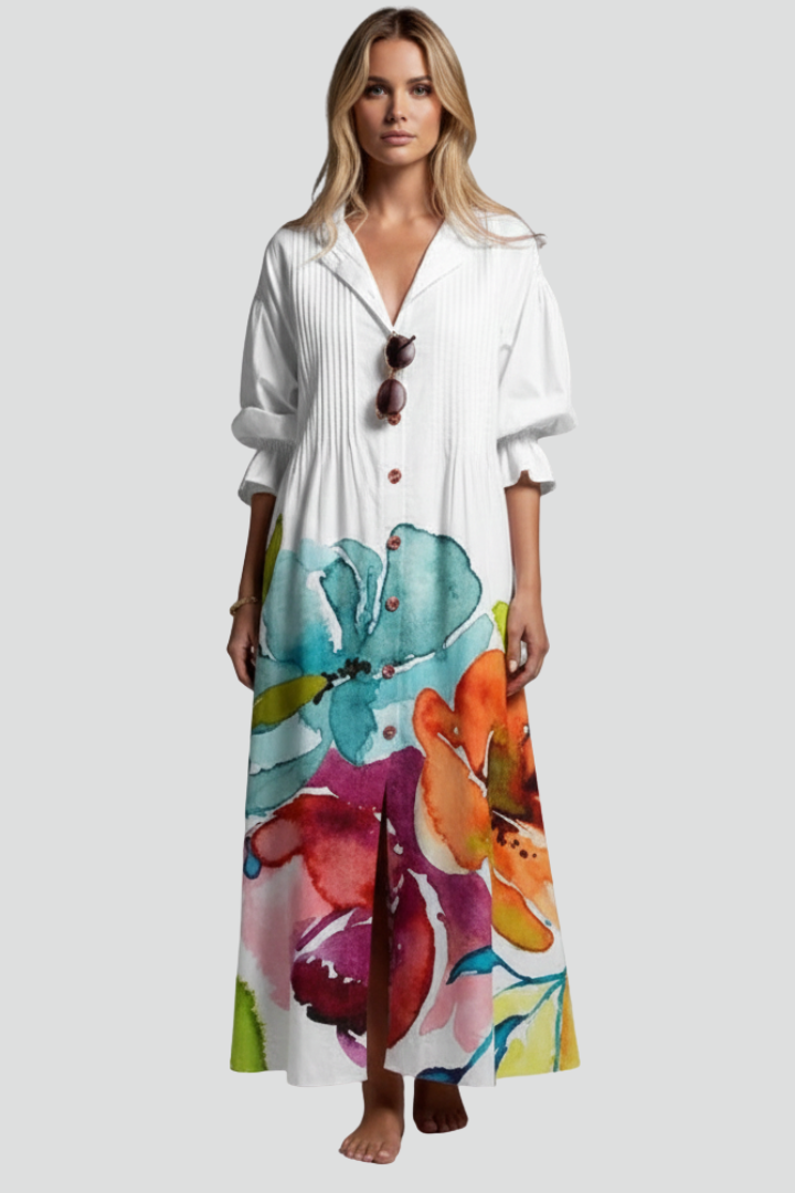 Azia | Women’s Floral Maxi Dress – V-Neck Long Sleeve Flowy Boho Maxi Dress