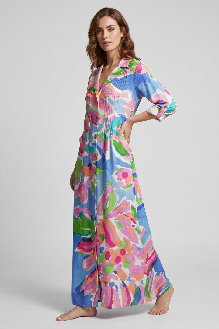 Azia | Women’s Floral Maxi Dress – V-Neck Long Sleeve Flowy Boho Maxi Dress