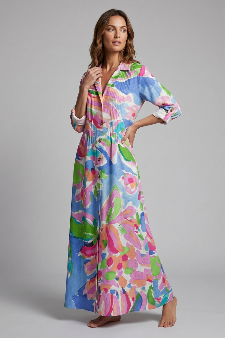 Azia | Women’s Floral Maxi Dress – V-Neck Long Sleeve Flowy Boho Maxi Dress