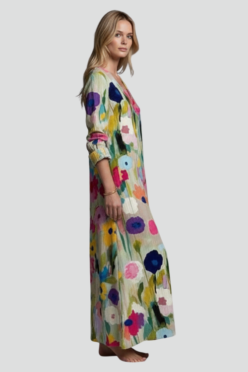 Azia | Women’s Floral Maxi Dress – V-Neck Long Sleeve Flowy Boho Maxi Dress