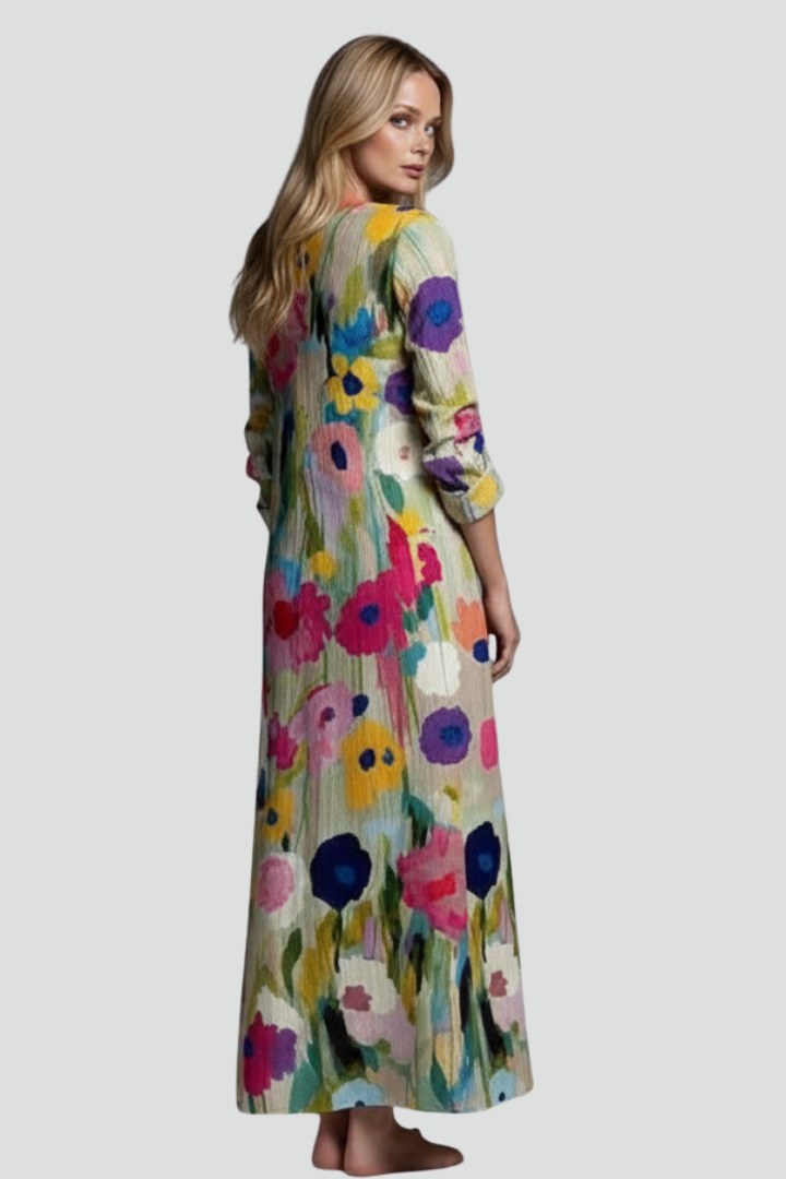 Azia | Women’s Floral Maxi Dress – V-Neck Long Sleeve Flowy Boho Maxi Dress