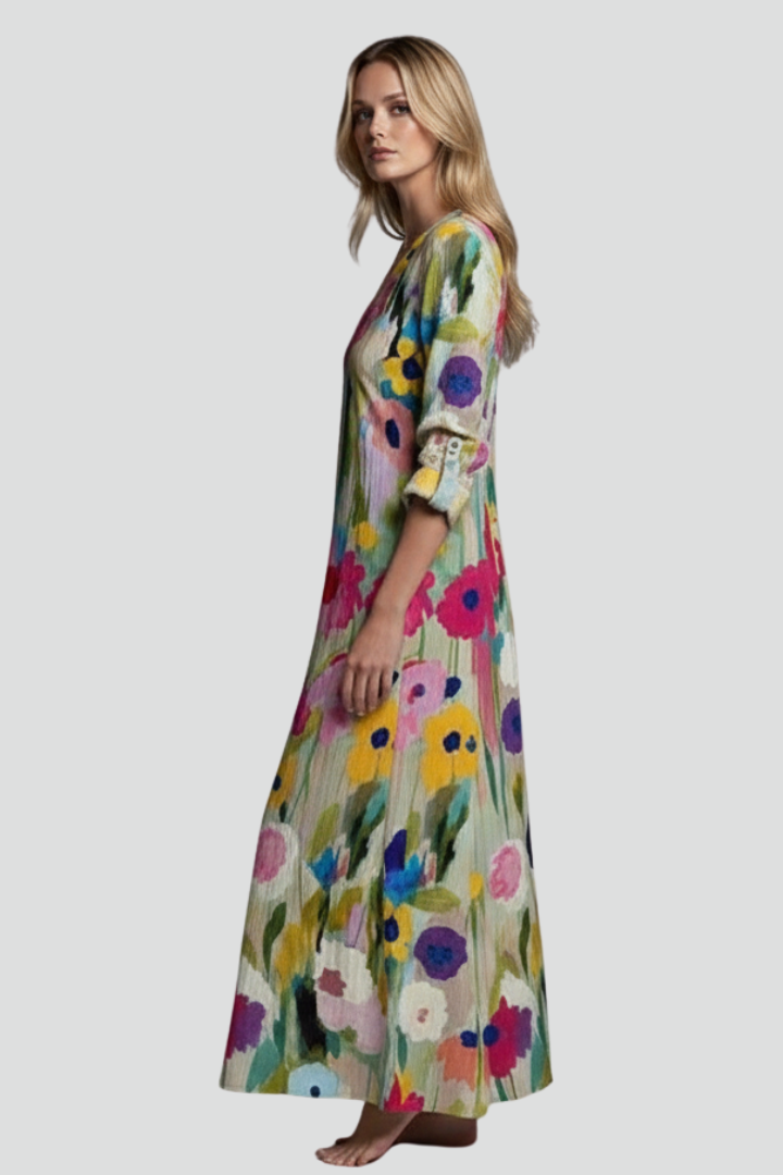 Azia | Women’s Floral Maxi Dress – V-Neck Long Sleeve Flowy Boho Maxi Dress