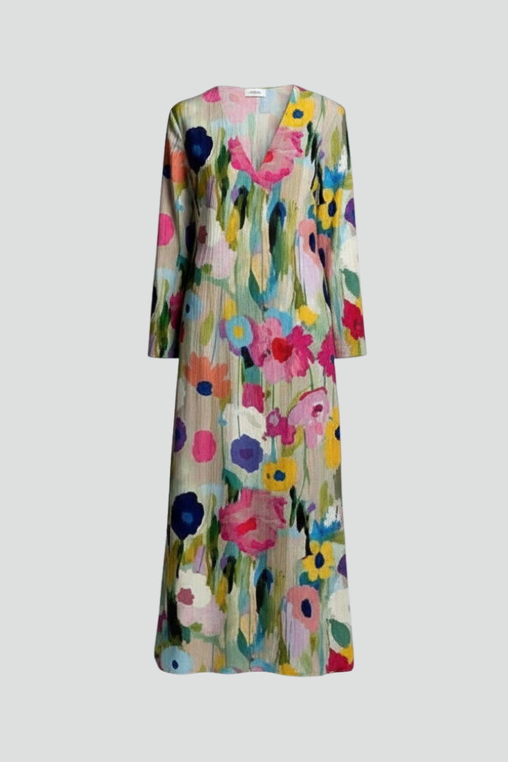 Azia | Women’s Floral Maxi Dress – V-Neck Long Sleeve Flowy Boho Maxi Dress