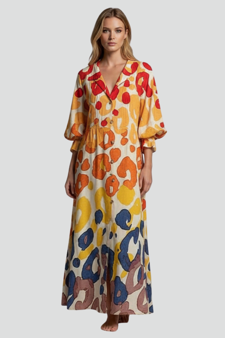 Azia | Women’s Floral Maxi Dress – V-Neck Long Sleeve Flowy Boho Maxi Dress