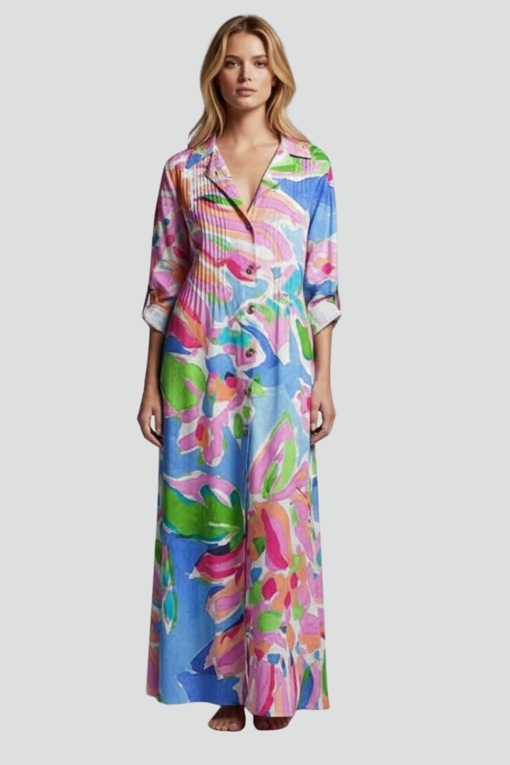 Azia | Women’s Floral Maxi Dress – V-Neck Long Sleeve Flowy Boho Maxi Dress