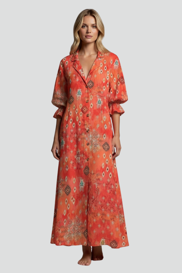 Azia | Women’s Floral Maxi Dress – V-Neck Long Sleeve Flowy Boho Maxi Dress