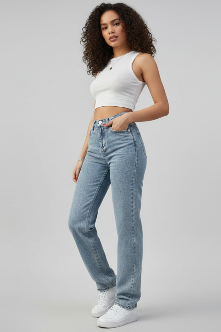 Azmira | Women’s High Waist Straight Leg Jeans – Butterfly Print Back Pockets