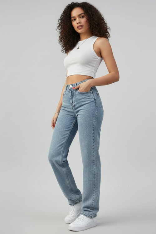 Azmira | Women’s High Waist Straight Leg Jeans – Butterfly Print Back Pockets