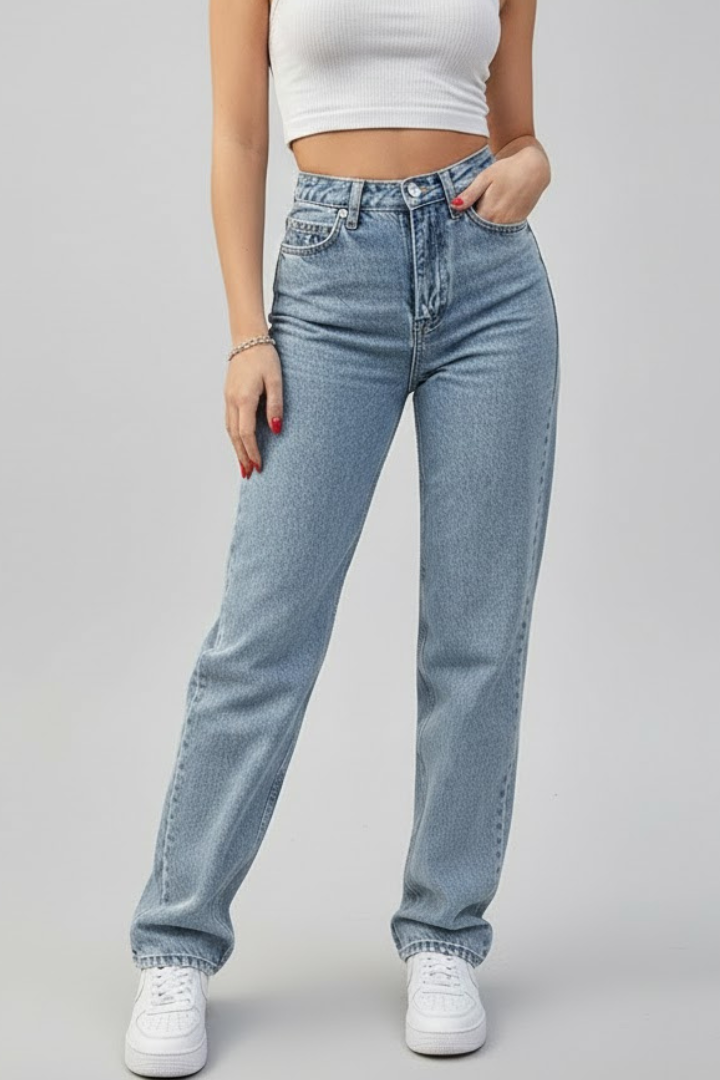 Azmira | Women’s High Waist Straight Leg Jeans – Butterfly Print Back Pockets