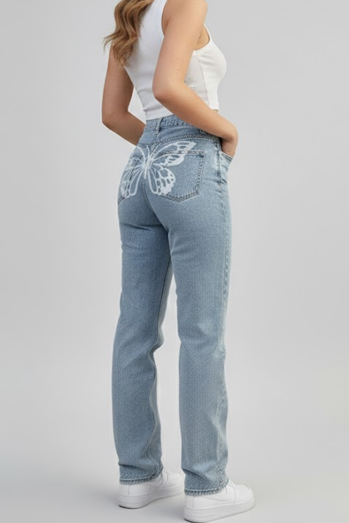 Azmira | Women’s High Waist Straight Leg Jeans – Butterfly Print Back Pockets