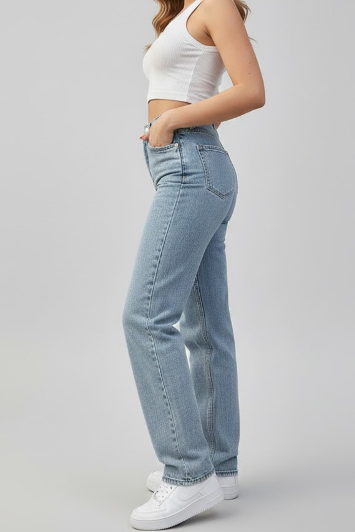 Azmira | Women’s High Waist Straight Leg Jeans – Butterfly Print Back Pockets