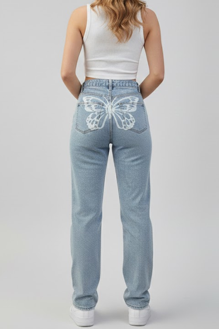 Azmira | Women’s High Waist Straight Leg Jeans – Butterfly Print Back Pockets